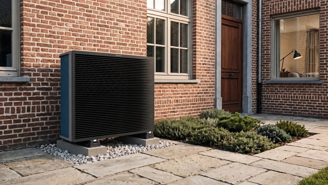 Buitenunit van een warmtepomp naast een bakstenen woning